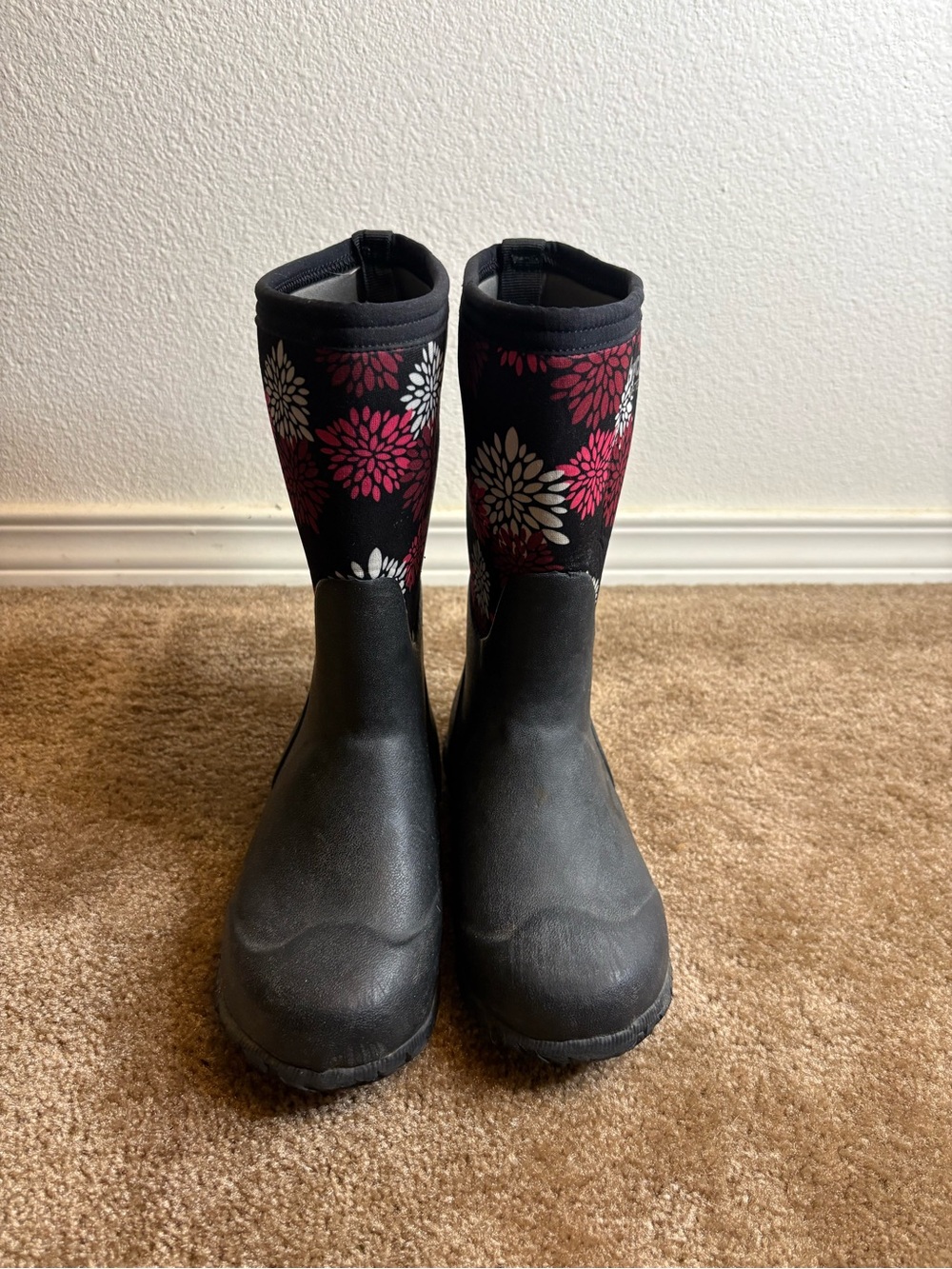 Bogs Kids Black Rain Boots with Pink and White Floral Shaft